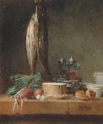 Jean Baptiste Simeon Chardin, Style life with fish, Grunzeug, Gougeres shot el as well as oil and vinegar pennant on a table